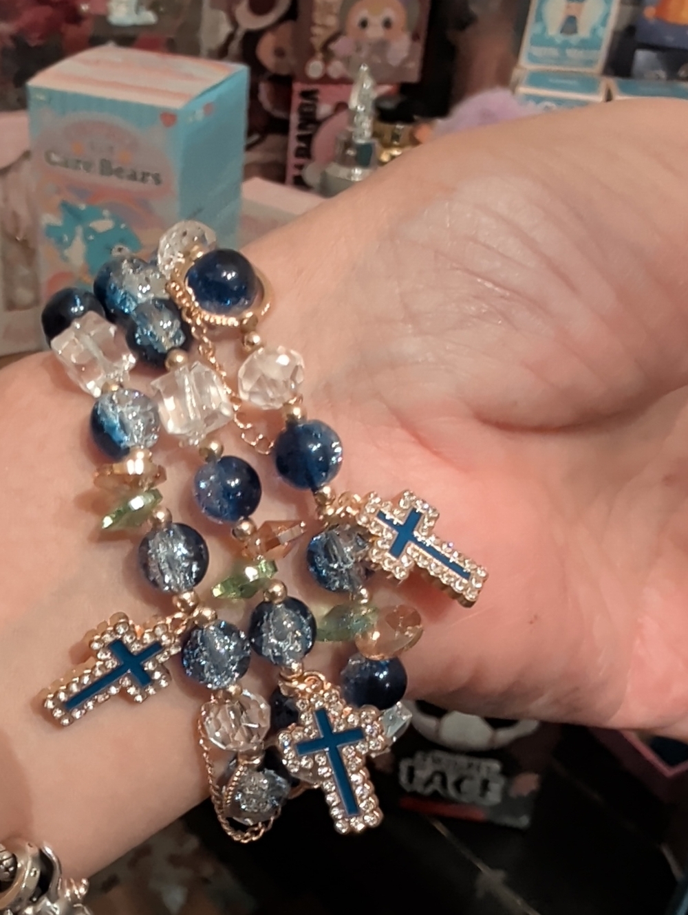 3 Blue Crystal Cross Beaded Bracelet Stack